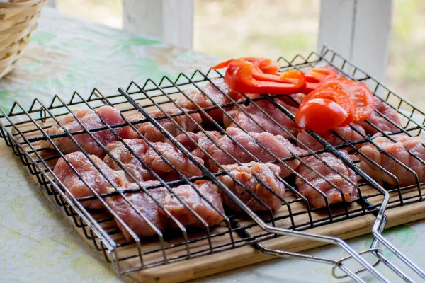 여름에 대 한 원시 돼지고기 케밥 절인 야채와 함께 파티를 바베 큐 — 스톡 사진