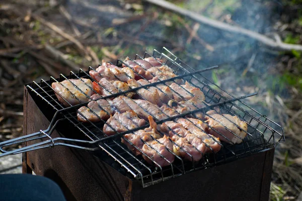 Pedaços de carne shish kebab com legumes são preparados na grelha — Fotografia de Stock