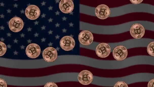 Riprese Con Bitcoin Bandiera Americana Ondeggiante — Video Stock