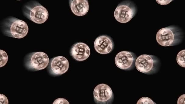 Filmmaterial Mit Fallenden Bitcoins Auf Schwarzem Hintergrund — Stockvideo