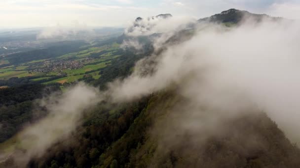 Widok Lotu Ptaka Niesamowity Górski Krajobraz Zielonym Lasem Mgłą — Wideo stockowe