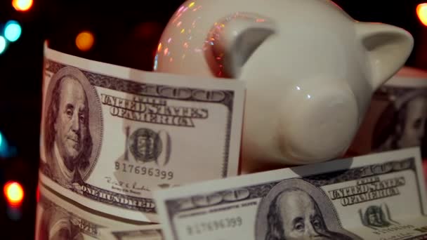 Domuzcuk Kumbarası Dolar Banknotlarının Yakın Plan Görüntüsü — Stok video