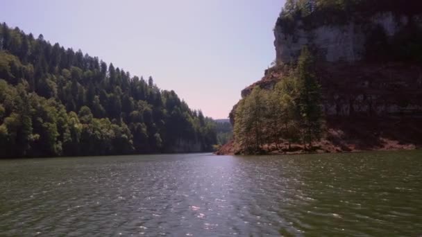Niesamowity Krajobraz Górami Zielonym Lasem Piękną Rzeką — Wideo stockowe