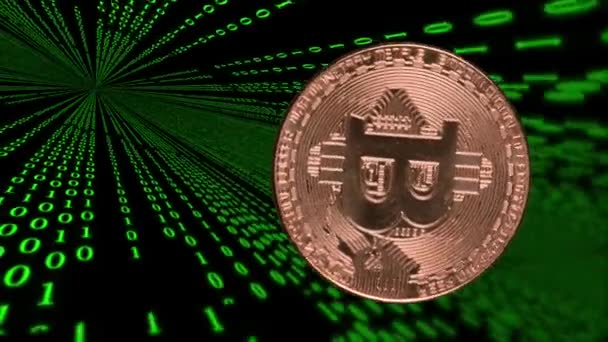 Falling Bitcoin Big Data Background Green Symbols Black Background — Stock Video