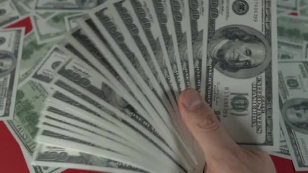 Close Van Bankbiljetten Van 100 Dollar Hand — Stockvideo