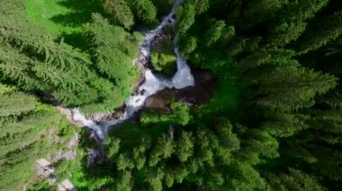 Dağlardaki yüksek yeşil ağaçların ve hızlı nehirlerin havadan görünüşü