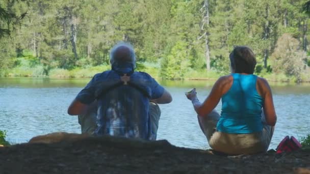 Vue Arrière Couple Âgé Assis Sur Côte Regardant Beau Lac — Video