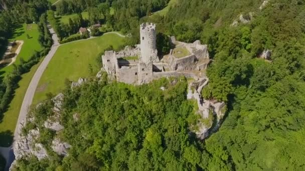 Widok Powietrza Średniowieczny Zamek Burg Eltz Dolinie Zielonych Wzgórz Nad — Wideo stockowe