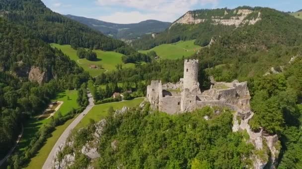 Luchtfoto Van Burg Eltz Middeleeuws Kasteel Groene Heuvels Vallei Boven — Stockvideo