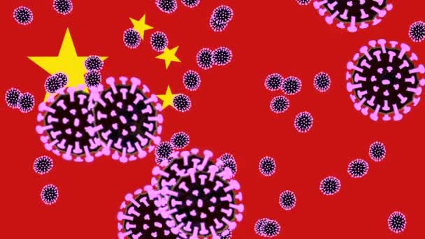 Veel Corona Virus Bacteriën Beweging Met Chinese Vlag Achtergrond Animatie — Stockvideo