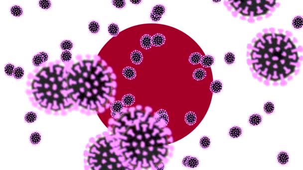 Japán Zászló Háttérben Sok Animált Koronavírus Baktériumok Mozgásban — Stock videók