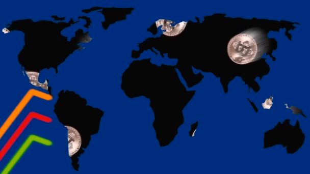 Materiał Bitcoinami Czarną Mapą Świata Niebieskim Tle Kolorowe Wykresy — Wideo stockowe