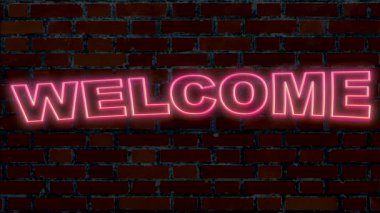 Tuğla duvarda ışıklı neon tabela ve yazıt karşılama.