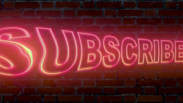 Illuminated Neon Sign Brick Wall Inscription Subscribe — Stock Video