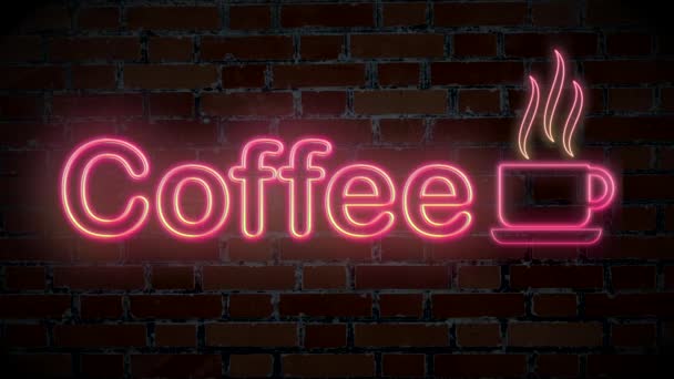 Světelný Neonový Nápis Cihlové Zdi Nápisem Káva — Stock video