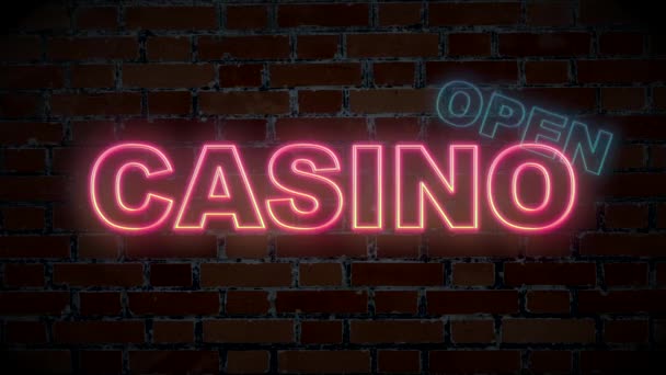 Insegna Neon Illuminata Muro Mattoni Con Iscrizione Casino Aperto — Video Stock