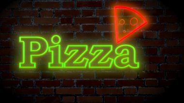 Duvarda yazılı pizzayla aydınlanmış neon levha.