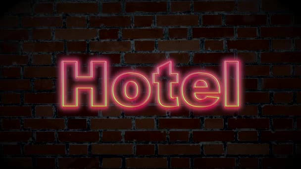 Verlichte Neon Bord Bakstenen Muur Met Inscriptie Hotel — Stockvideo