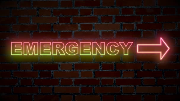 Sinal Néon Iluminado Parede Tijolo Com Emergência Inscrição Seta — Vídeo de Stock