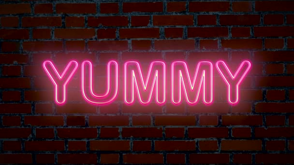 Lampu Neon Yummy Tanda Dinding Bata Latar Belakang — Stok Video