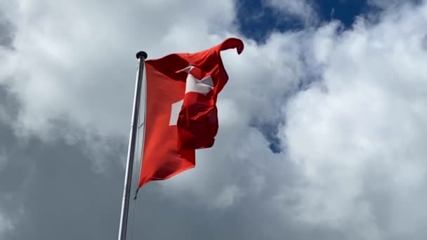 Červená Bílá Vlajka Švýcarska Proti Modré Obloze — Stock video