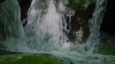Güneşli bir günde, kayaların yosun ve akan suyla kaplı olduğu güzel nehrin yakın görüntüsü.