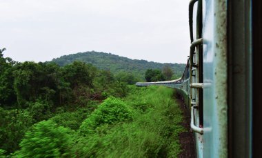 Tren, hareket bulanıklığıyla dağlık bir demiryolunda çayırdan geçiyor.