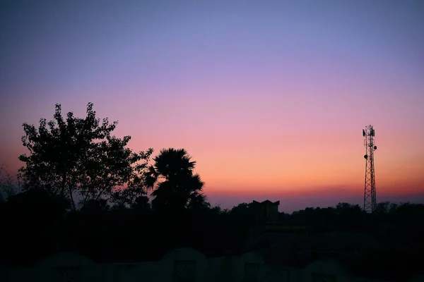 Silhuett Bild Blå Och Rödaktig Himmel Solnedgången Med Tress Förgrunden — Stockfoto