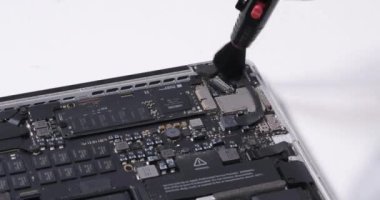 4K 'da beyaz duvarlı laboratuvarda fırçayla toz dizüstü bilgisayarın ana kart devre soğutucusunu tamir eden servis çalışanı.