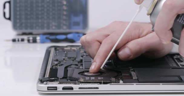 Service Worker Repairing Cleaning Dust Laptop Motherboard Circuit Board Cooler — Stock Video