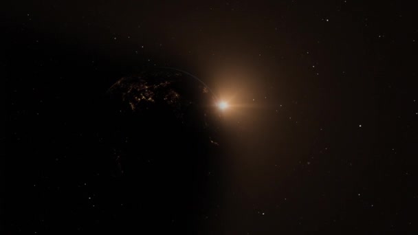 Animovaná Rotující Země Vesmíru Viditelnými Světly Východem Slunce — Stock video