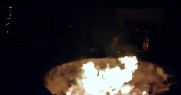 Deux Hommes Acclament Avec Bière Devant Feu Camp Ralenti — Video