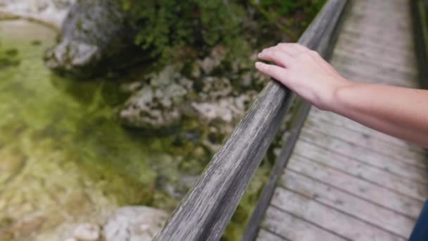 Salzburgerland Austria Hand Holding Wooden Bridge Beautiful Background Steaming Mountains — Stock Video