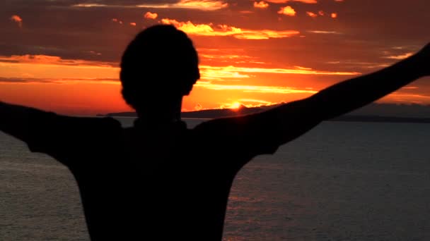 Jovem Fêmea Levantando Mãos Para Cima Olhando Para Pôr Sol — Vídeo de Stock