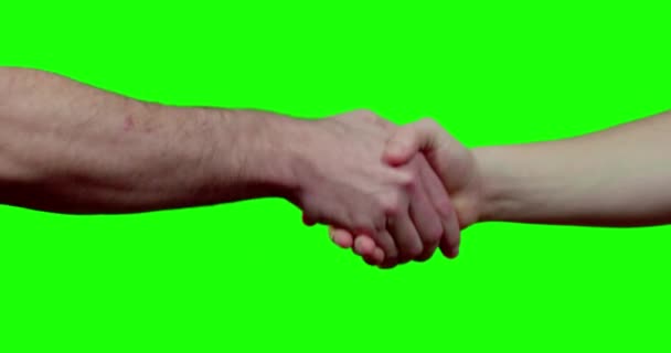Närbild Handslag Mellan Två Män Med Grön Skärm Bakgrunden — Stockvideo