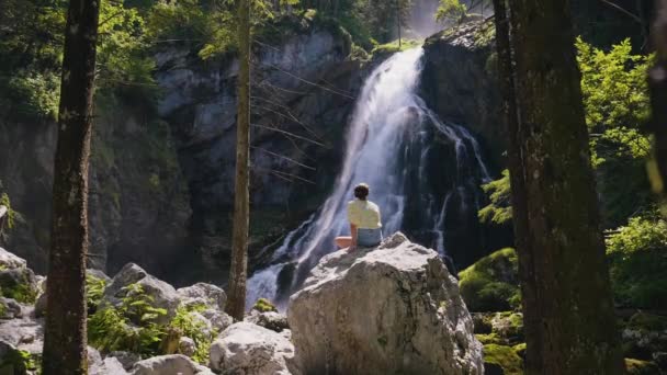 Vista Posteriore Giovane Donna Seduta Grande Roccia Guardando Cascata Streaming — Video Stock