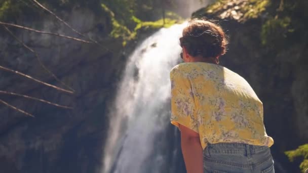 Backside View Jovem Mulher Senta Rocha Grande Olhando Para Cachoeira — Vídeo de Stock