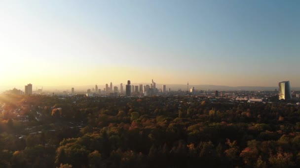 Filmische Luftaufnahmen Der Frankfurter Skyline Bei Sonnenuntergang Panoramablick — Stockvideo