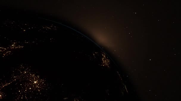 Κινούμενη Περιστρεφόμενη Από Διάστημα Ορατά Φώτα Και Ανατολή — Αρχείο Βίντεο