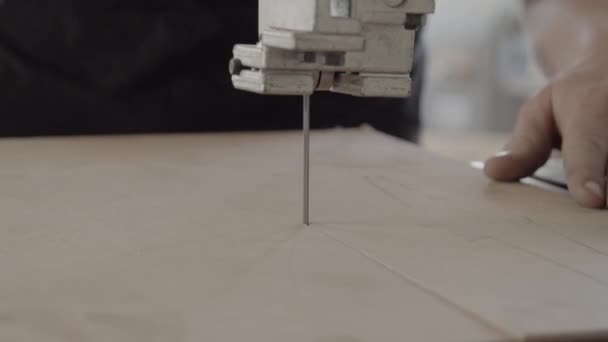 Closeup Man Cutting Wood Jigsaw Industrial Workshop — Stock Video