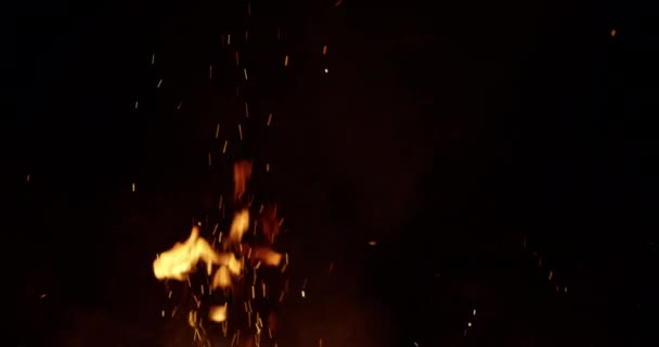 Lagerfeuer Brennt Der Nacht Spray Funkt Zeitlupe — Stockvideo