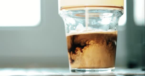 Pouring Milk Glass Coffee Macchiato — Stock Video