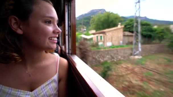 Jovem Menina Atraente Viajando Trem Assistindo Paisagem Durante Viagem — Vídeo de Stock