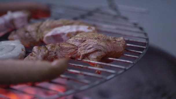 Κοντινή Προβολή Τηγάνισμα Κρέατος Και Λουκάνικα Στη Φωτιά Μπάρμπεκιου — Αρχείο Βίντεο