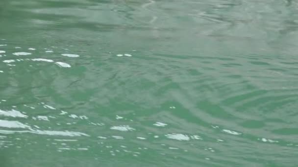 在奥地利哈尔斯塔特湖美丽的山水中划着一艘古老的木船 动作缓慢 — 图库视频影像