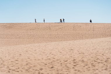 Bir grup insan Ölüm Vadisi 'ndeki kum tepeleri boyunca yürüyor. Kum tepeleri ve mavi gökyüzü ile ABD Ölüm Vadisi Ulusal Parkı