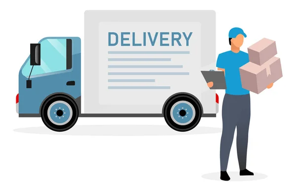 Deliveryman con pacchi illustrazione piatta. Corriere, postino contenente scatole di cartone e appunti isolato personaggio dei cartoni animati su sfondo bianco. Furgone di consegna, camion merci. Concetto servizio spedizione — Foto Stock