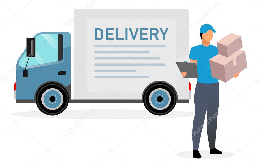 Deliveryman with parcels flat illustration. Courier, postman holding cardboard boxes and clipboard isolated cartoon character on white background. Delivery van, cargo truck. Shipping service concept