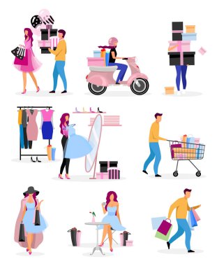 Alışveriş zamanı düz vektör karakterleri ayarlanıyor. Erkek, kadın alışverişçiler kıyafet ve hediye alıyor. Doğum günü hediyeleri, Noel için. Butikte lüks kıyafet seçiyorum. Teslimat servisi kuryesi