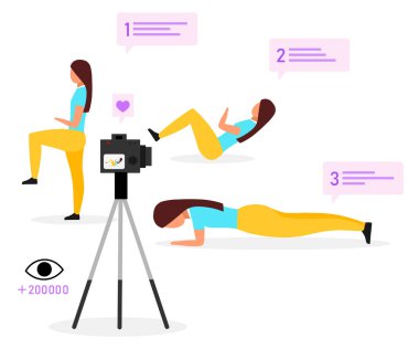 Spor blogcusu düz vektör çizimi. Fitness antrenörü, vlogger yayın videosu. Beden eğitimi çevrimiçi eğitim. Sosyal medya vlog içeriği. Beyaz arkaplanda izole edilmiş çizgi film karakteri